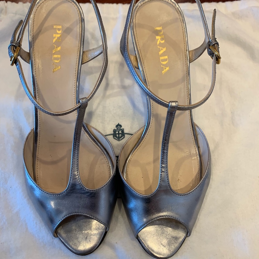 Prada peep toe Mary Jane metallic wedge sandals - Picture 2 of 8